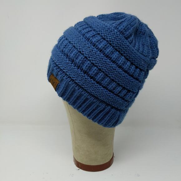 C.C. Exclusives Cable Knit Beanie Hat Blue Patch Logo 100% Acrylic - Picture 5 of 13